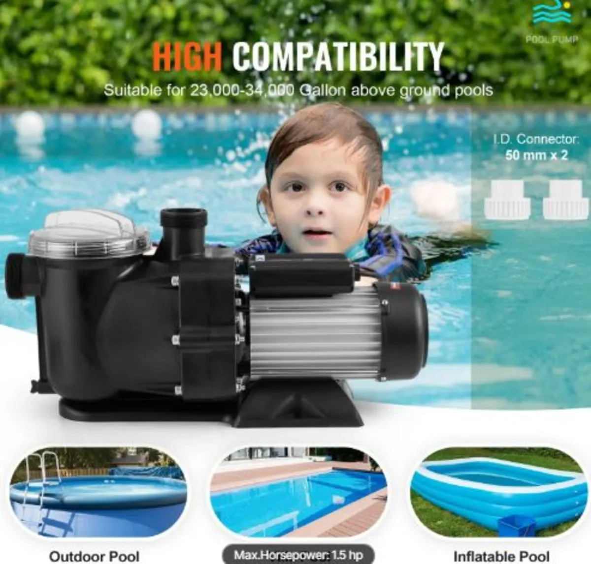Above Ground Pool Pump, 1118W(1.5HP), 378 L/min - Image 3
