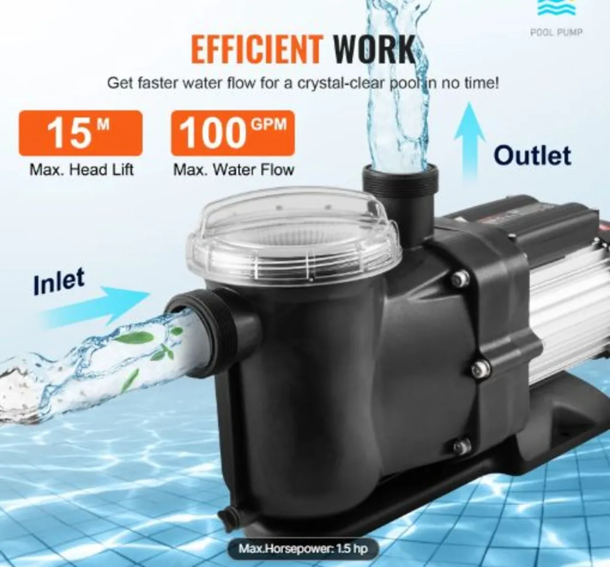Above Ground Pool Pump, 1118W(1.5HP), 378 L/min - Image 4
