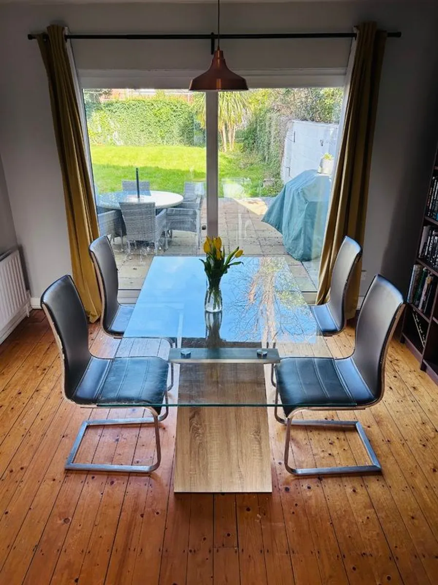 EZ LIVING Glass Dining table with 4 Leather Chairs - Image 1
