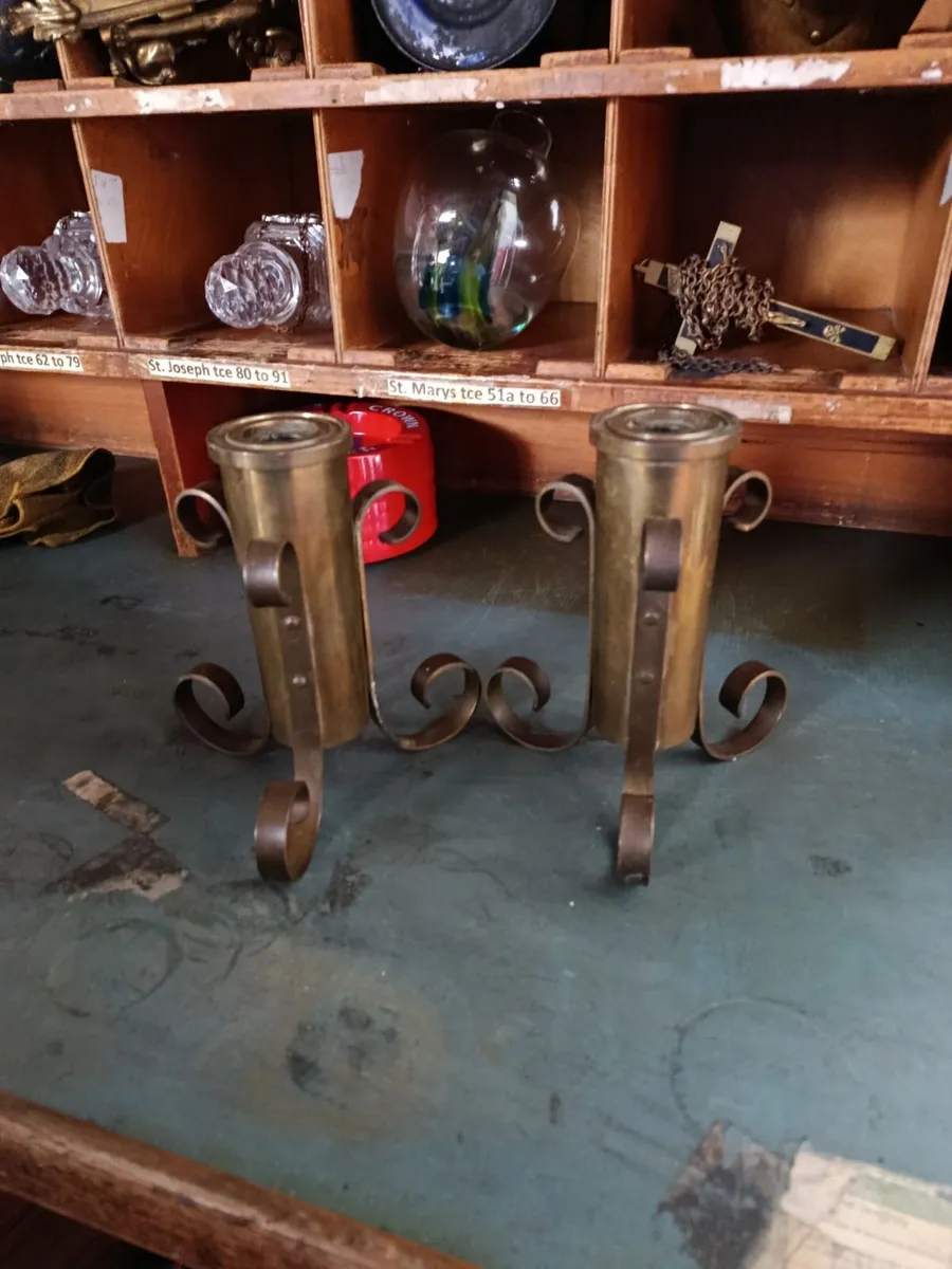 Pair of Brass Trench Art Candle Holders - Image 1