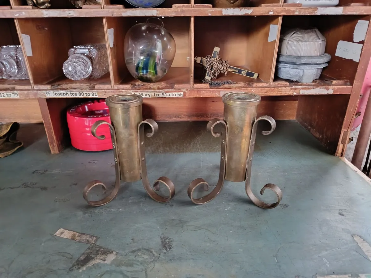 Pair of Brass Trench Art Candle Holders - Image 3