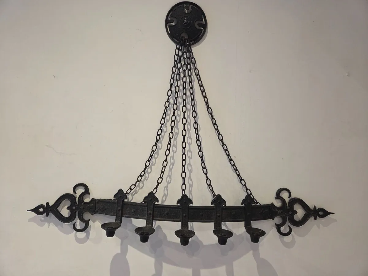 Vintage Wrought Iron Five-Light Hanging Candelabra - Image 1