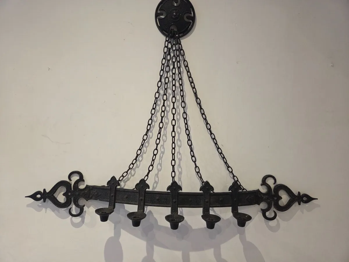 Vintage Wrought Iron Five-Light Hanging Candelabra - Image 4