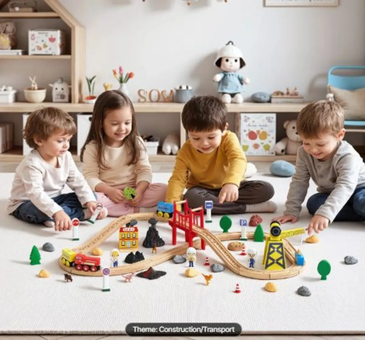 70PCS Wooden Train Set, with Magnetic Crane, Wood - Image 3