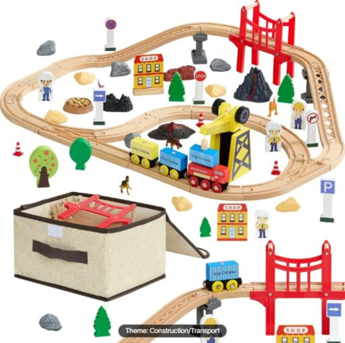 70PCS Wooden Train Set, with Magnetic Crane, Wood - Image 1