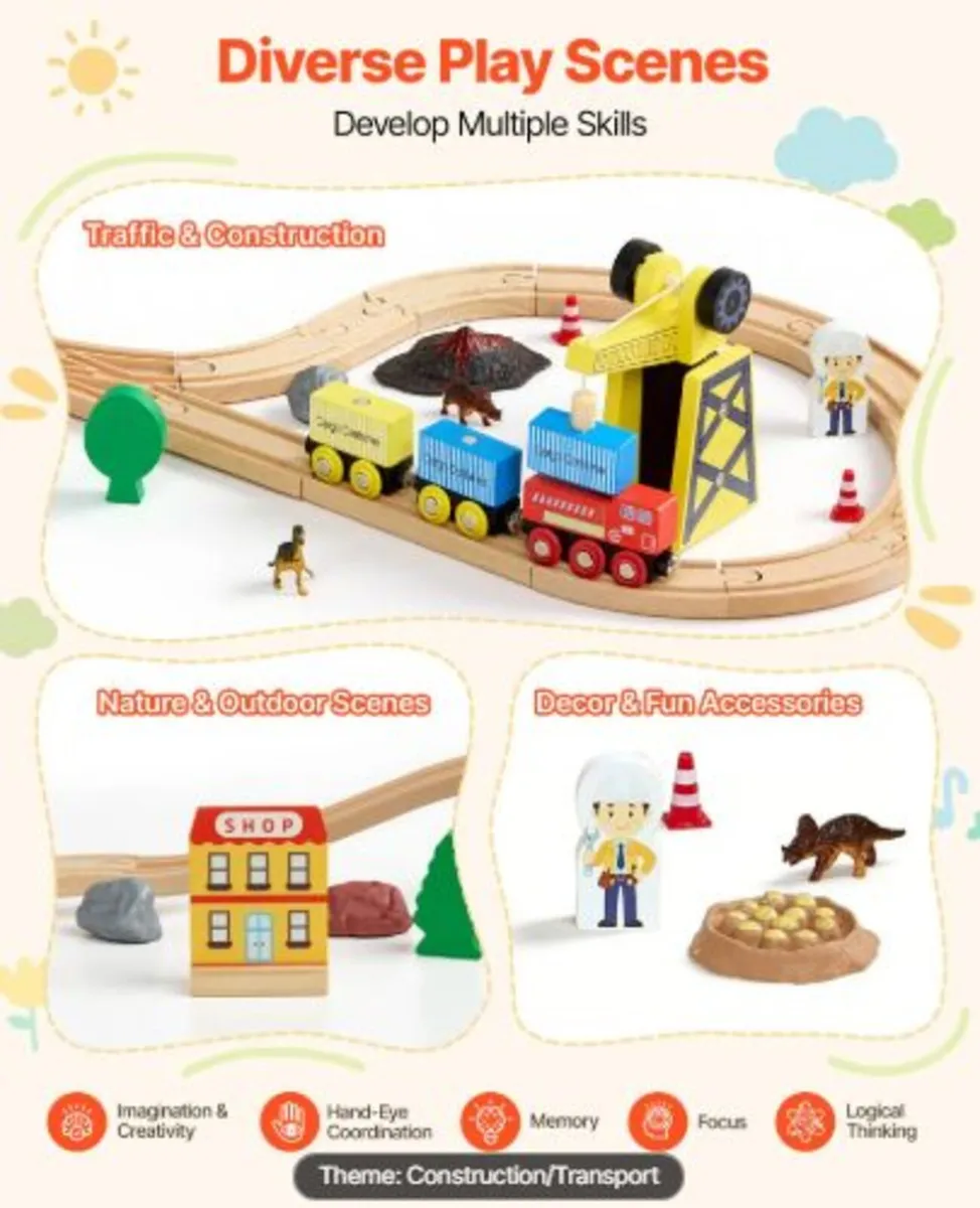 70PCS Wooden Train Set, with Magnetic Crane, Wood - Image 2