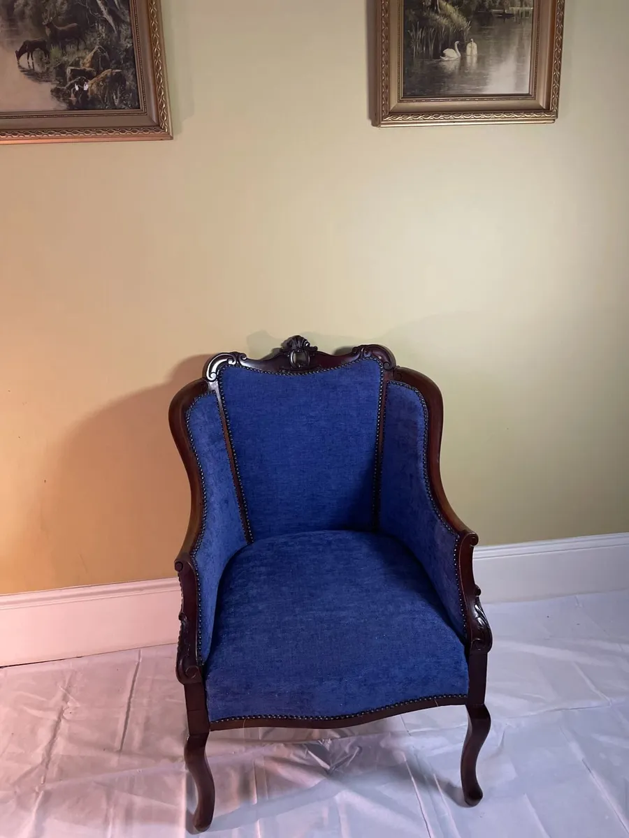 Vintage Carved Armchair In Blue Fabric - Image 1