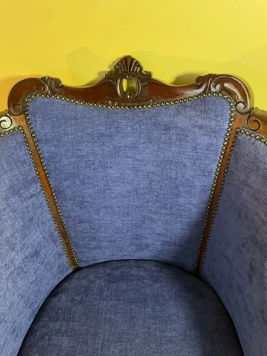 Vintage Carved Armchair In Blue Fabric - Image 4