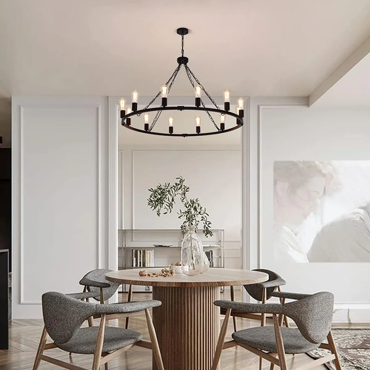 Rustic Chandelier 12-Light Wagon Wheel Black - Image 2