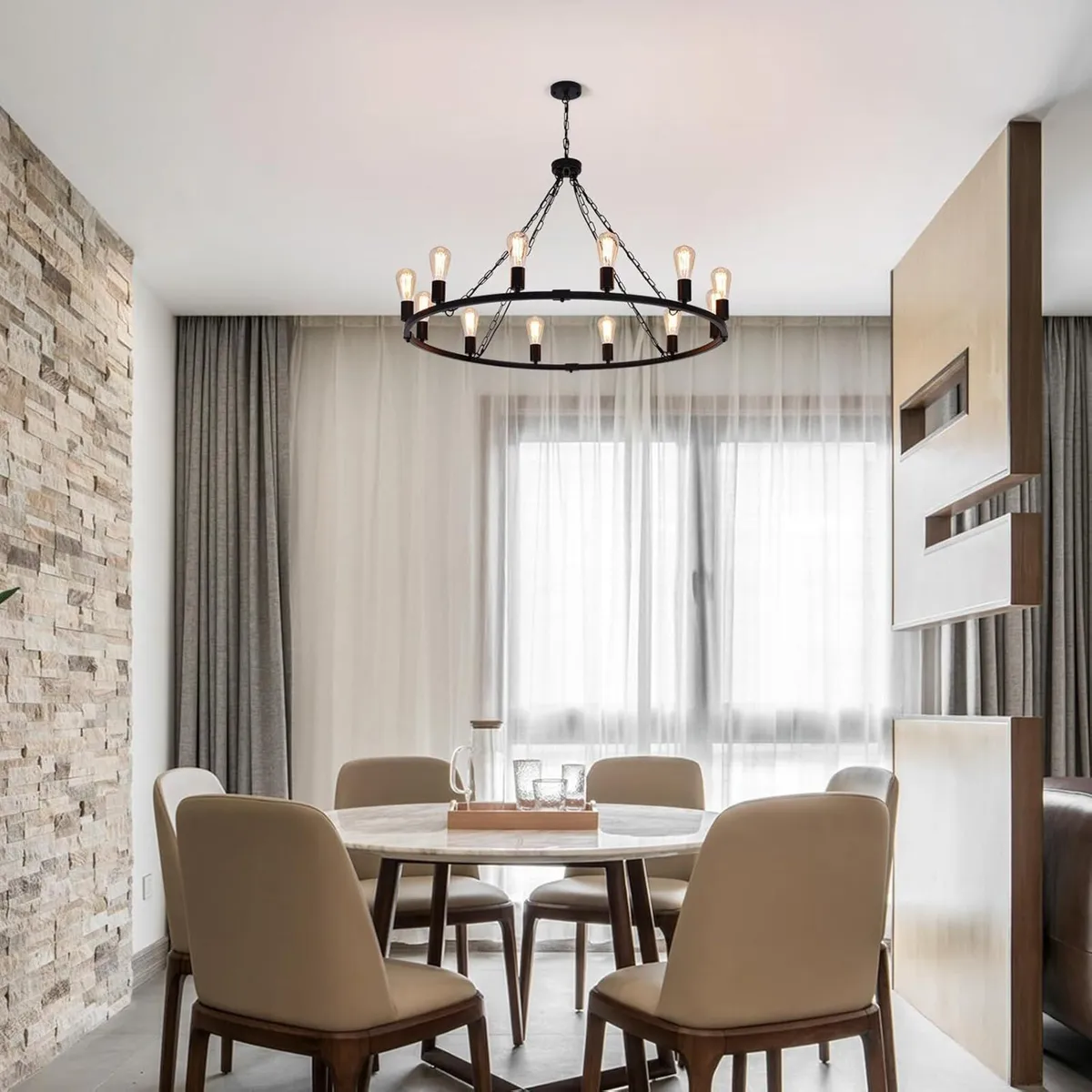 Rustic Chandelier 12-Light Wagon Wheel Black - Image 3