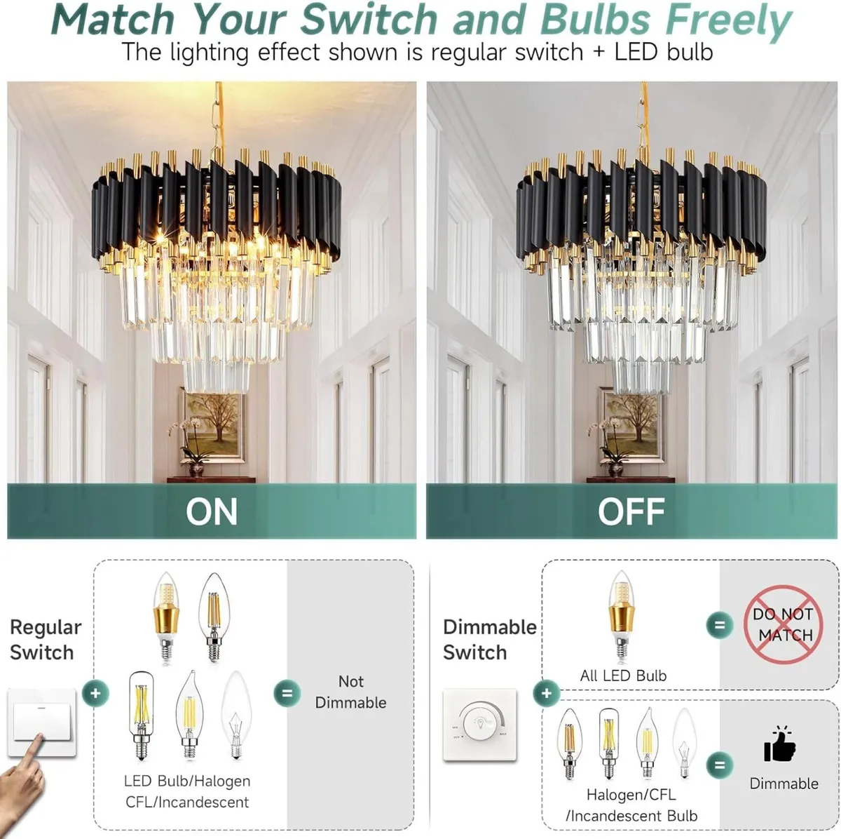 Black and Gold Crystal Chandelier Pendant Light - Image 4