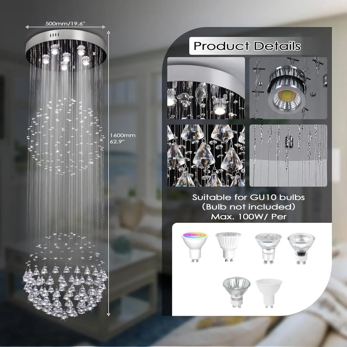 Long Drop Raindrop Crystal Chandelier 50 cm Wide - Image 2