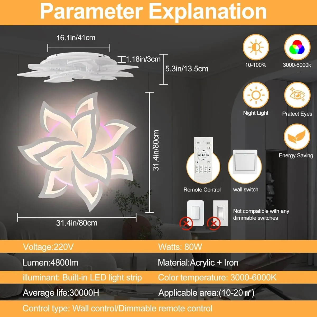 Led Ceiling Light Dimmable 80W Modern Chandelier - Image 2