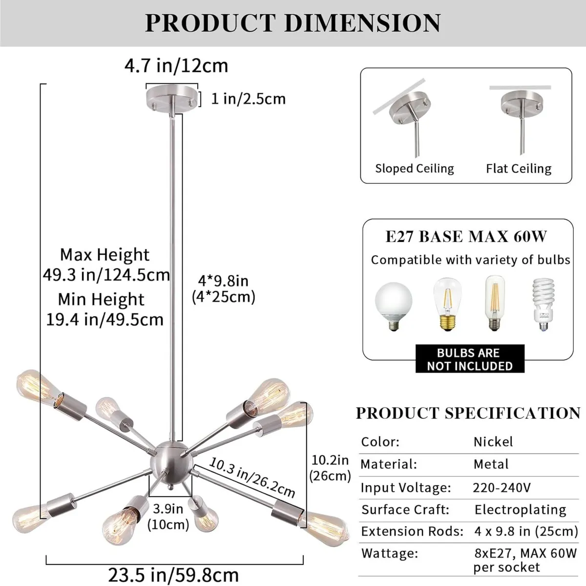 Nickel Sputnik Ceiling Light 8 Lights Chandeliers - Image 2