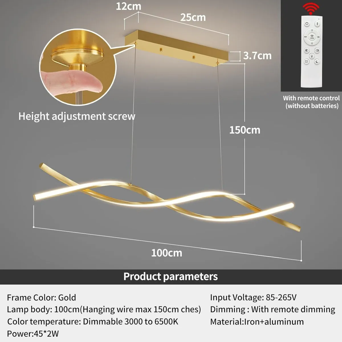 100CM Gold Kitchen Island Lights LED Wave Pendant - Image 2