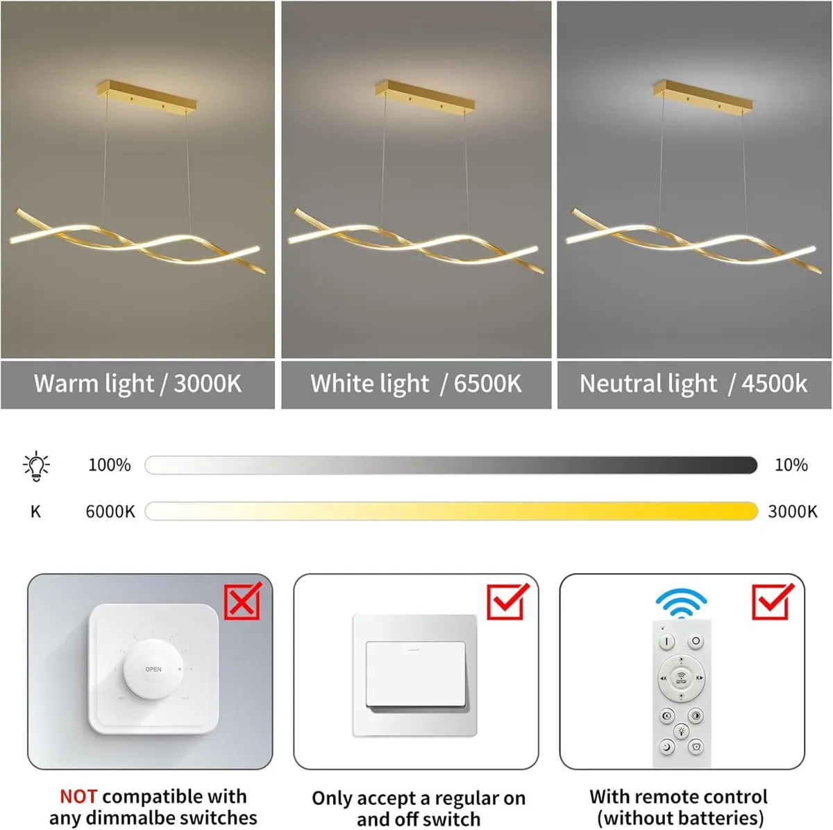 100CM Gold Kitchen Island Lights LED Wave Pendant - Image 4