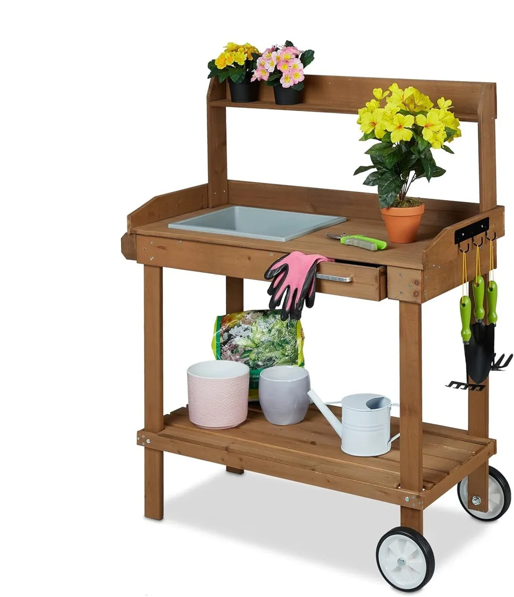 Planter Table with Wheels Repotting Stand Wooden - Image 1
