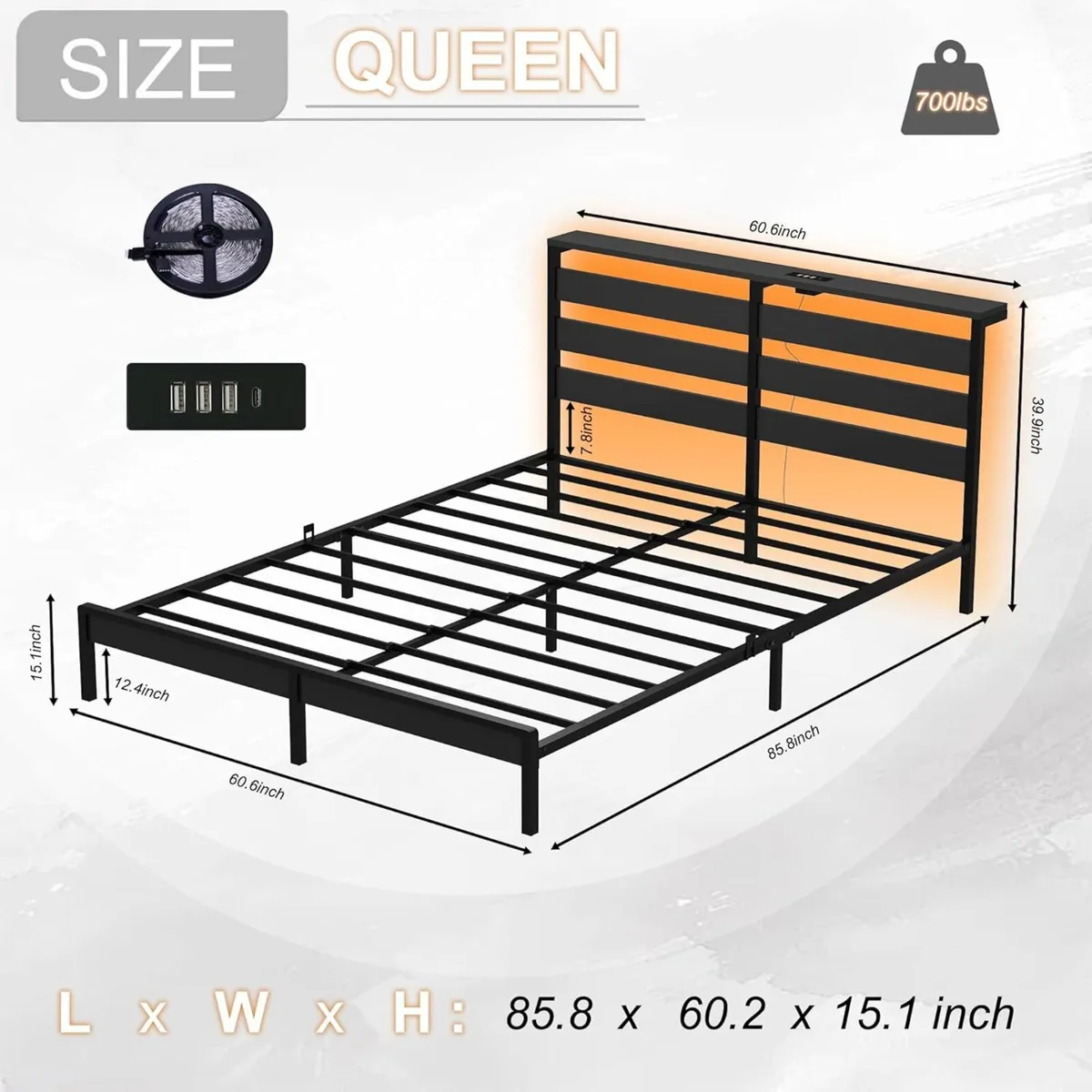 King Metal Bed Frame with USB Charging Station - Image 2