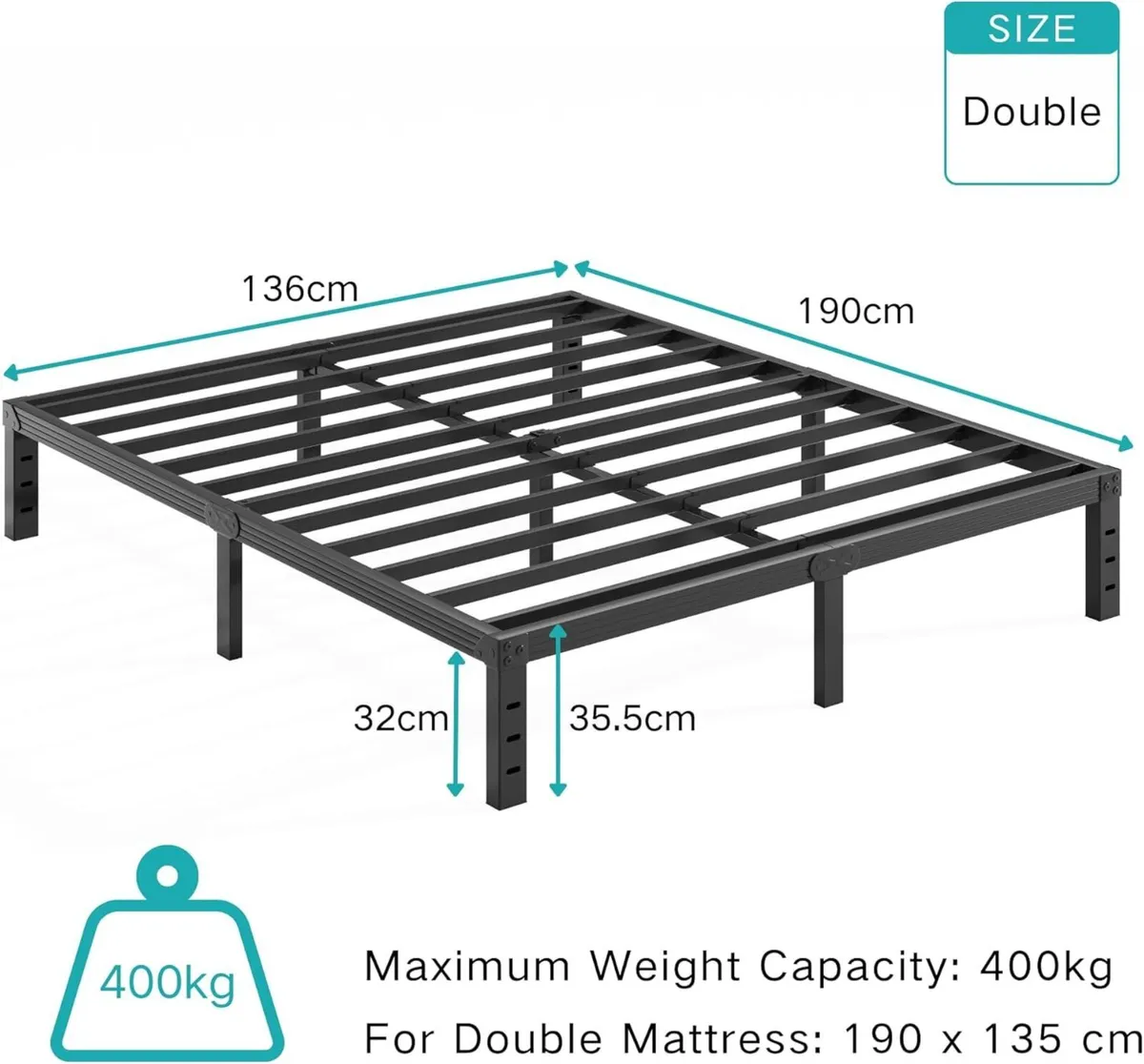 Metal Double Bed Frame - Platform Frames with - Image 2