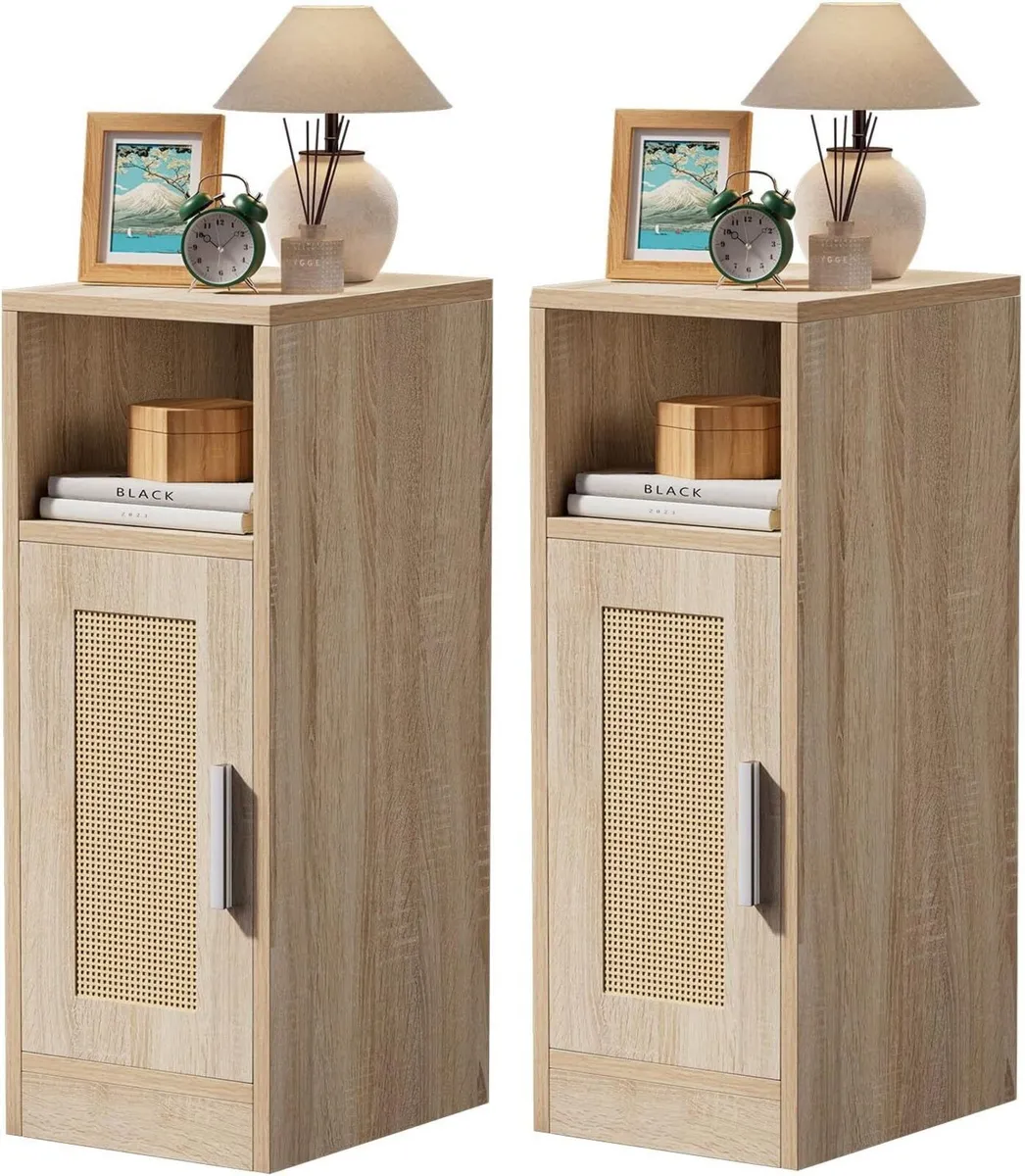 Slim Bedside Table Set of 2 Rattan Nightstand - Image 1