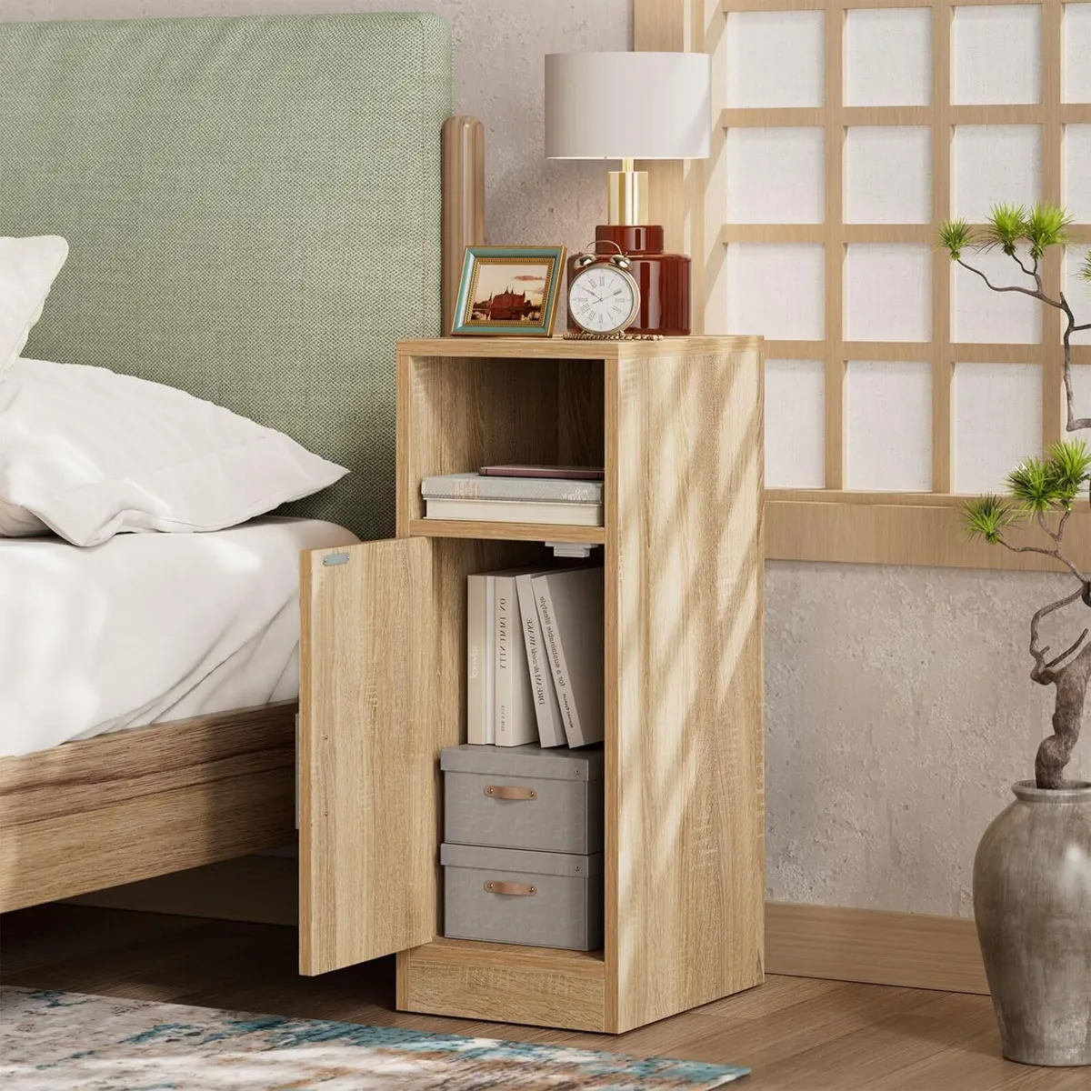 Slim Bedside Table Set of 2 Rattan Nightstand - Image 2