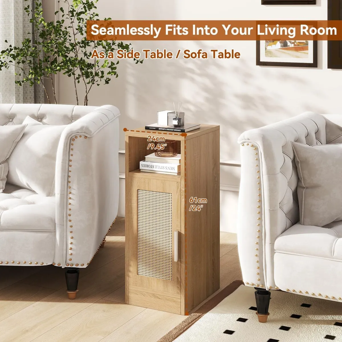 Slim Bedside Table Set of 2 Rattan Nightstand - Image 3