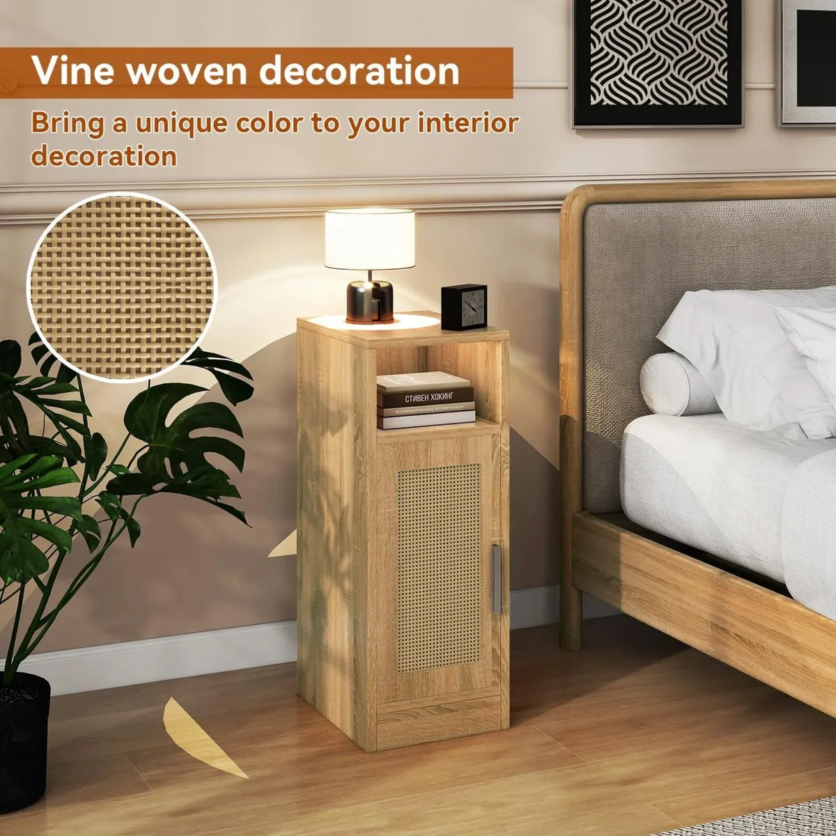 Slim Bedside Table Set of 2 Rattan Nightstand - Image 4