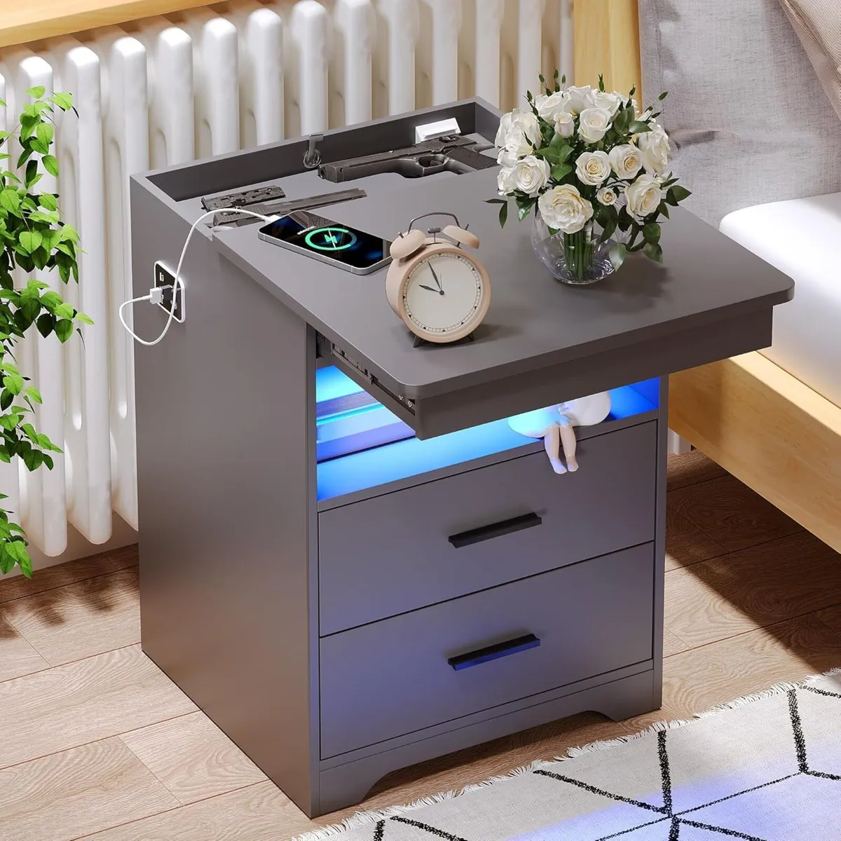 Bedside Table with Hidden Drawer Cabinet Charging - Image 1