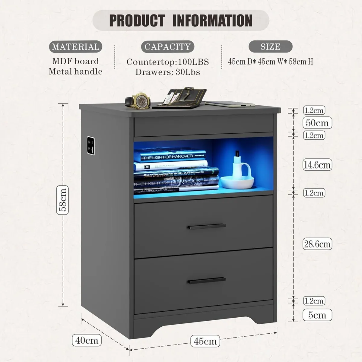 Bedside Table with Hidden Drawer Cabinet Charging - Image 2
