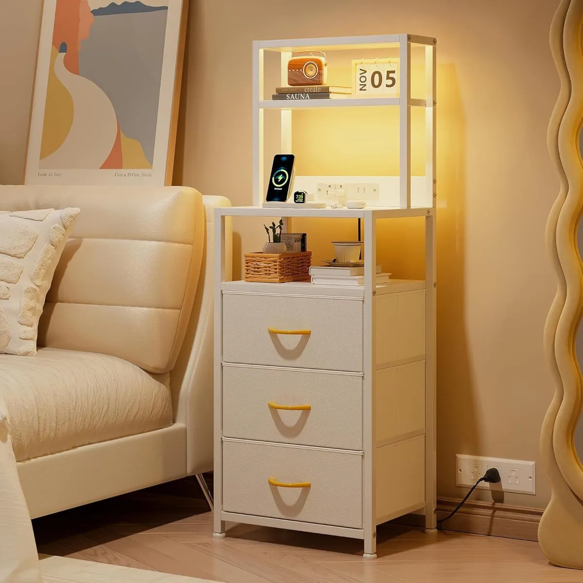 Bedside Table with 3 Drawers and Charging Station - Image 2