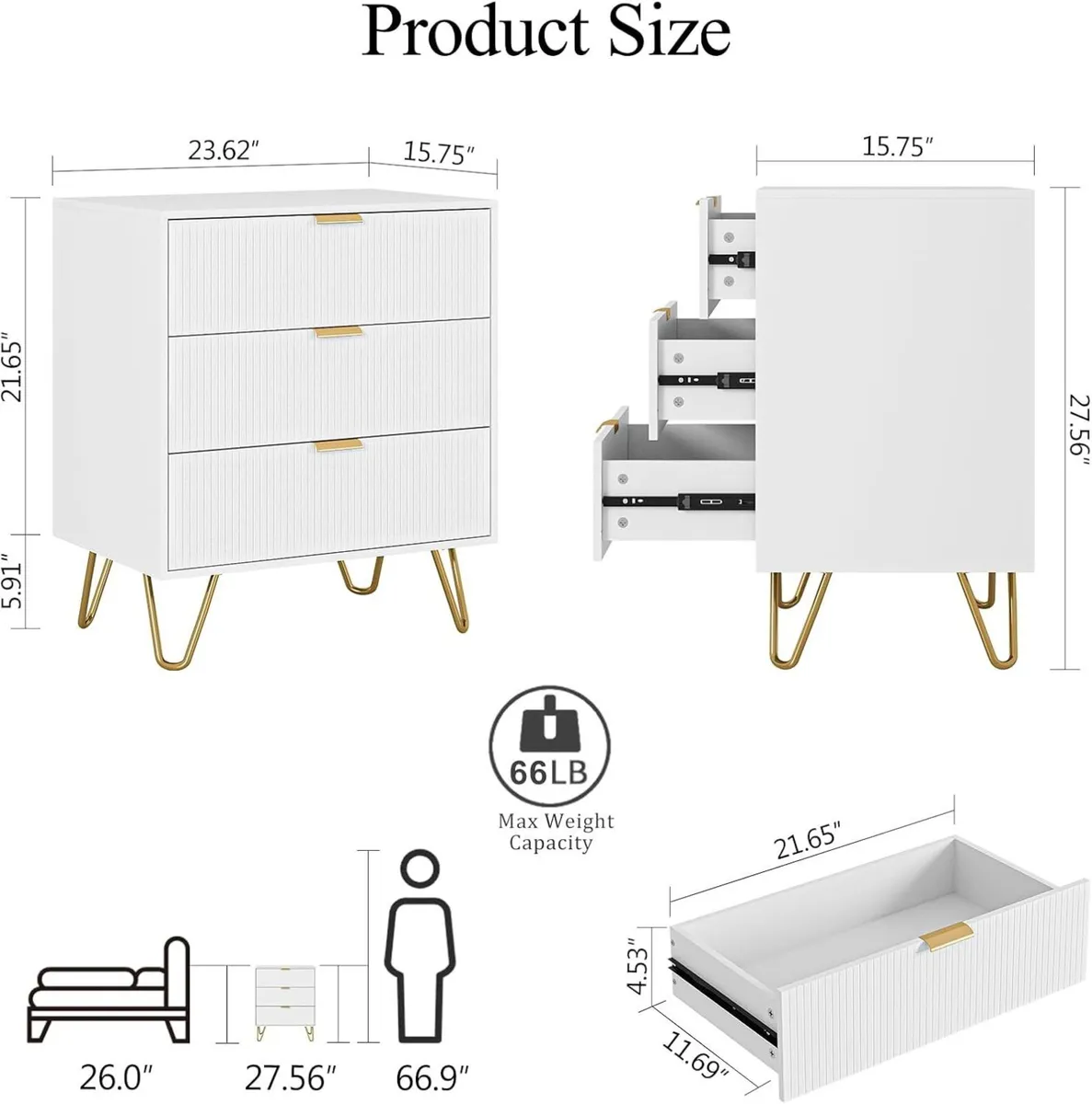 Bedside Table with 3 Drawers Chest of Bedroom - Image 2