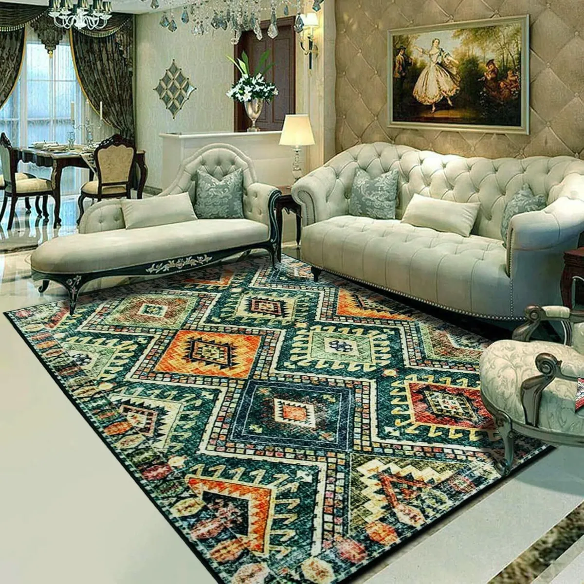 Green Diamond Geometric Splicing Ethnic Carpet - - Image 1