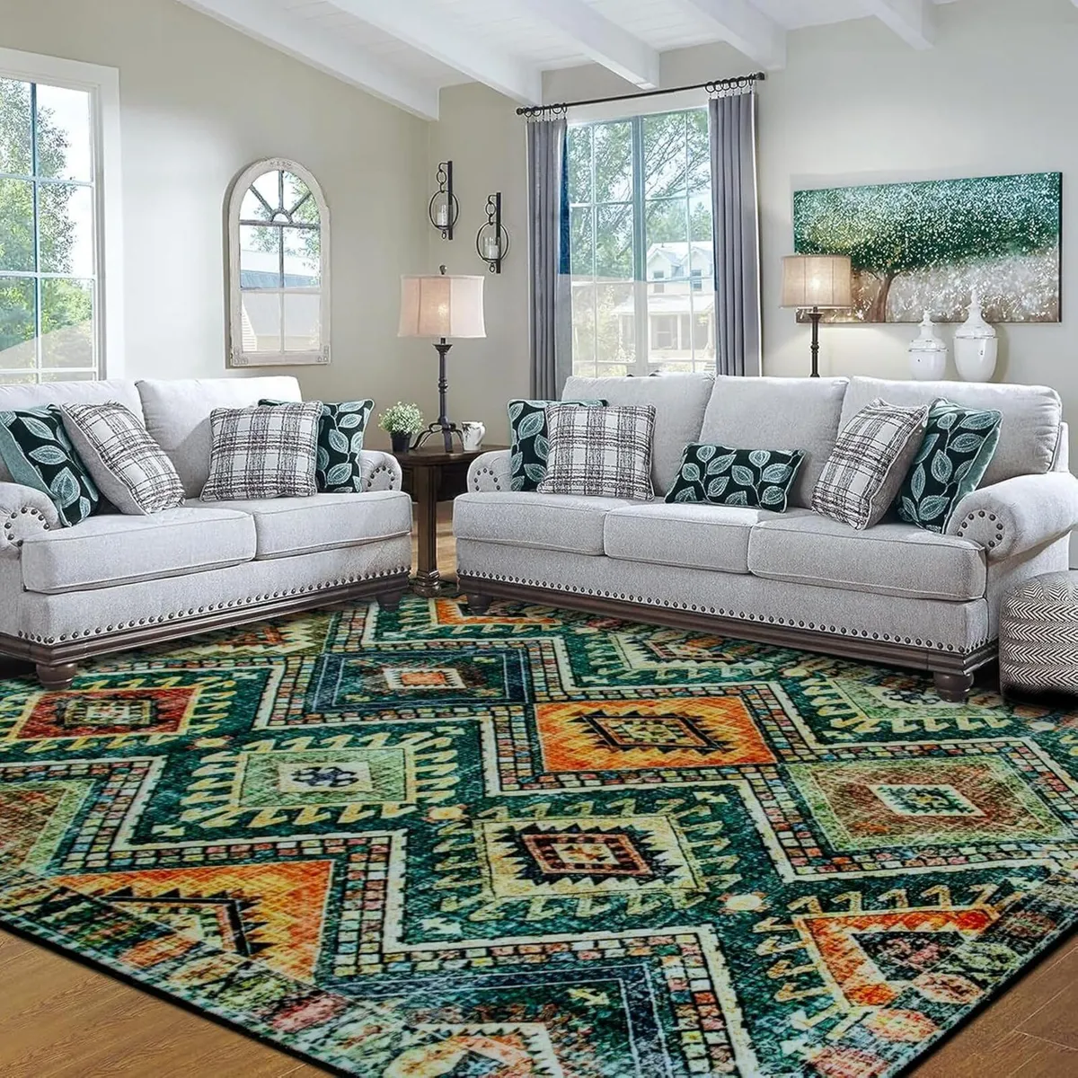 Green Diamond Geometric Splicing Ethnic Carpet - - Image 2