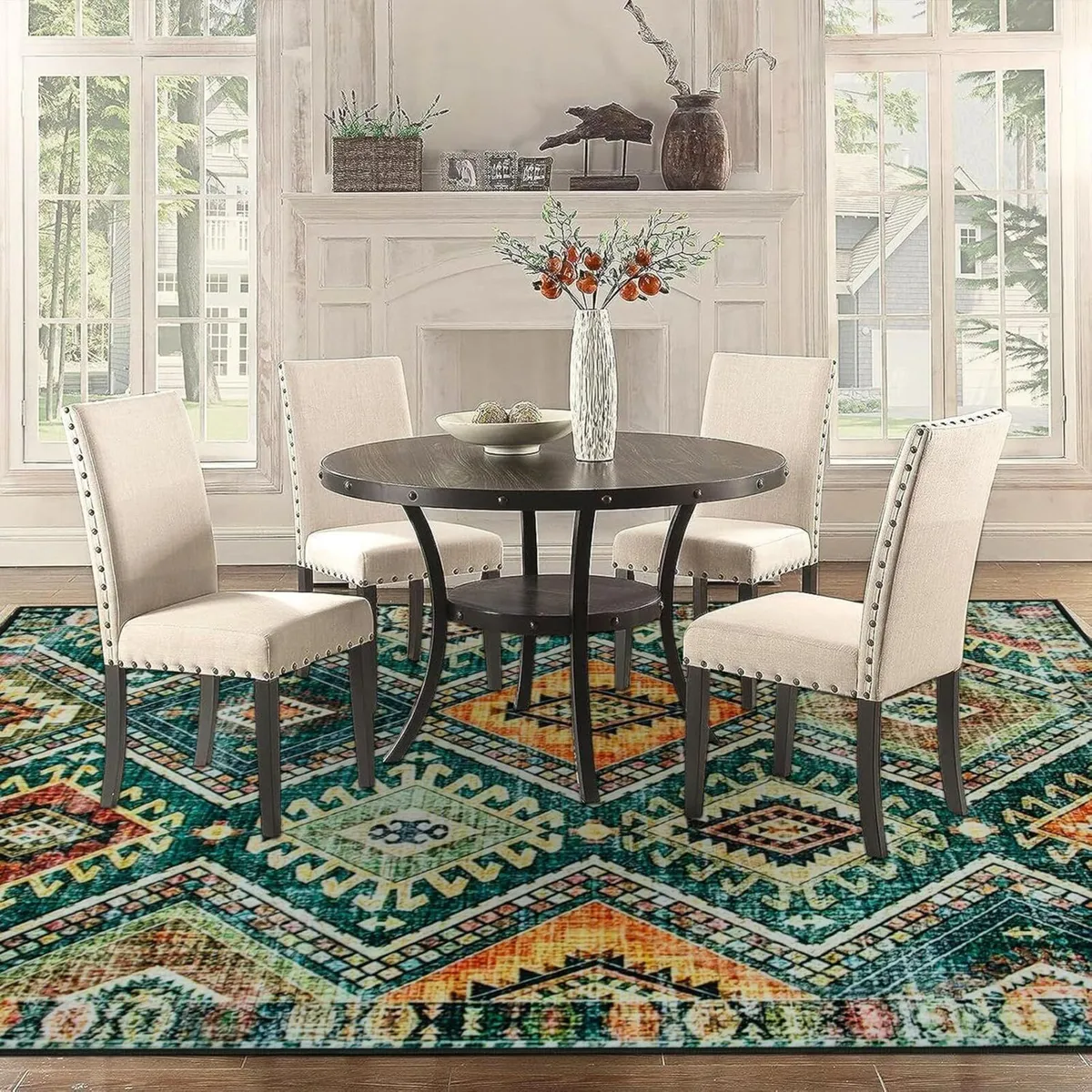 Green Diamond Geometric Splicing Ethnic Carpet - - Image 3