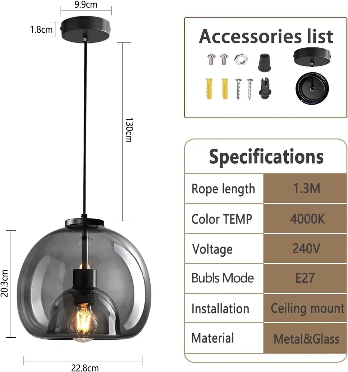 Glass Pendant Kitchen Island Light 2 Packs Smoke - Image 2