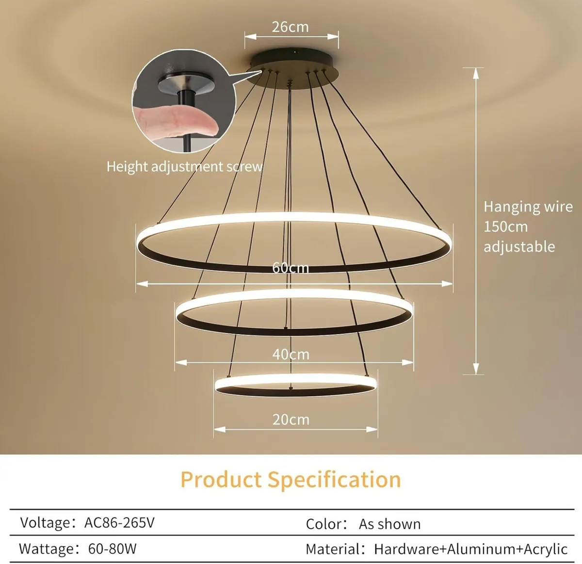 Round Pendant Light 20+40+60cm Dimmable 3000K/4500 - Image 3