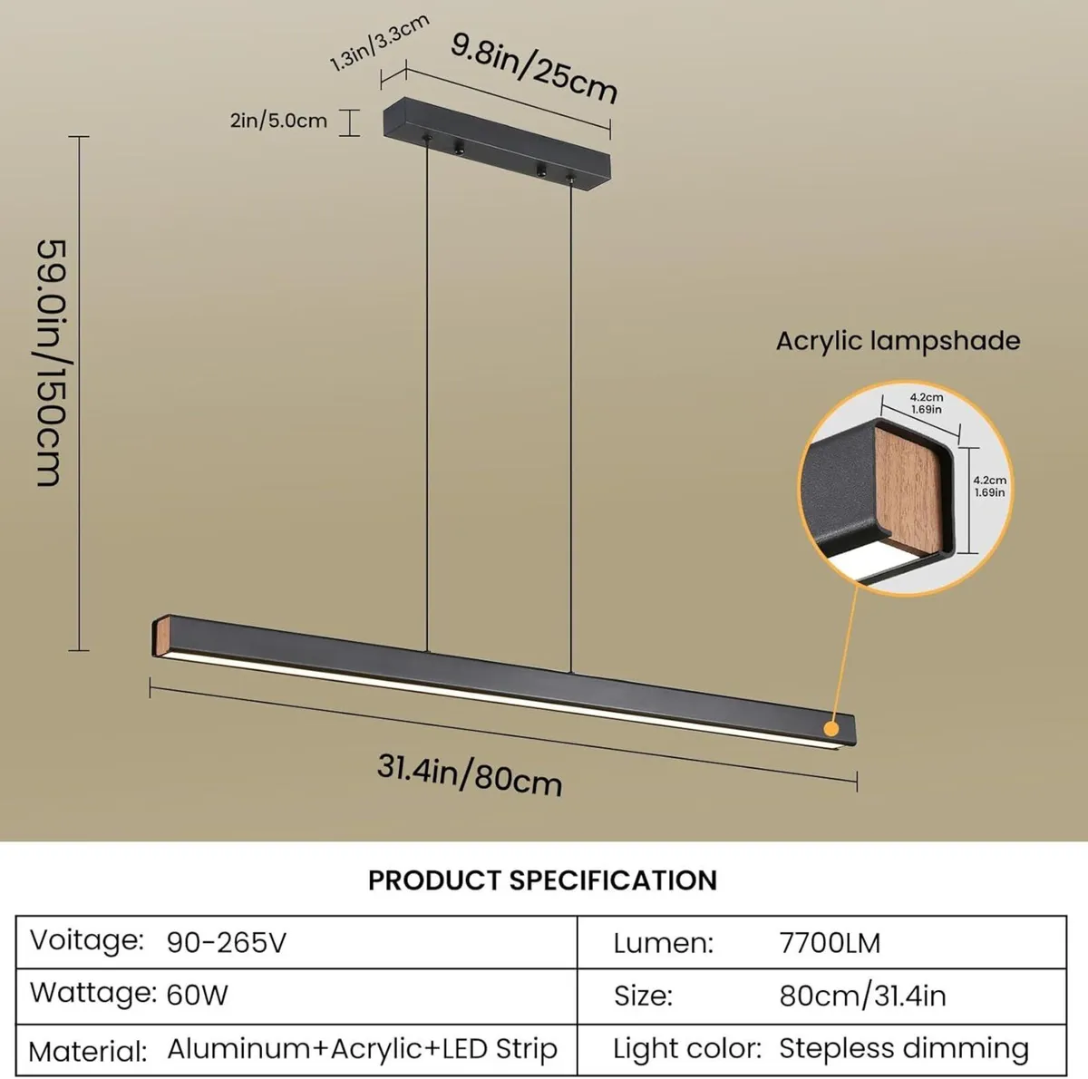 80CM Linear LED Pendant Light Breakfast Bar - Image 3