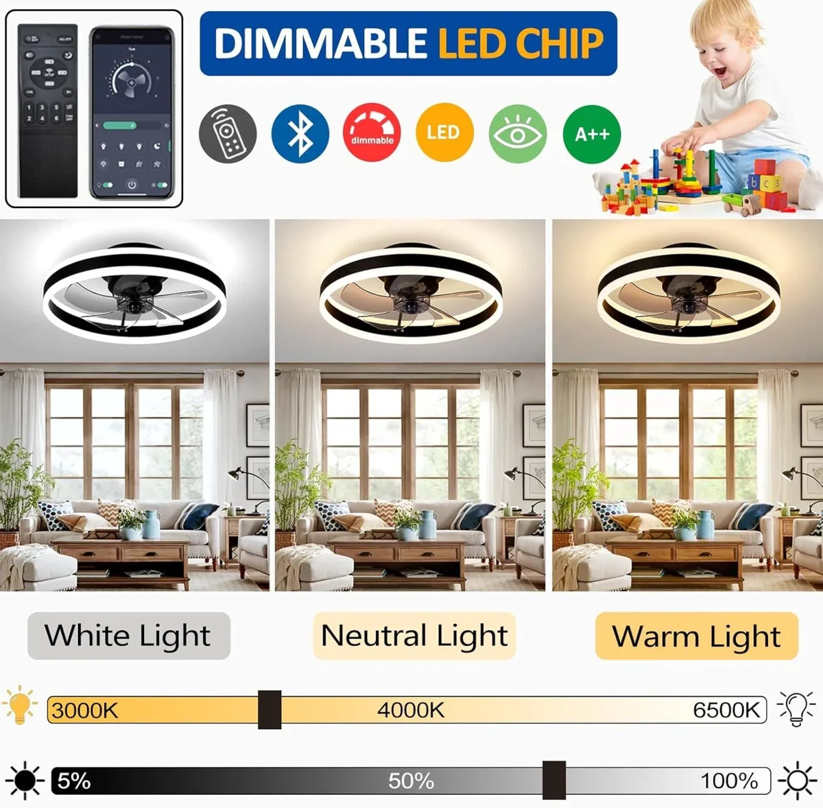LED Ceiling Fan with Lights Reversible Remote 6 - Image 3
