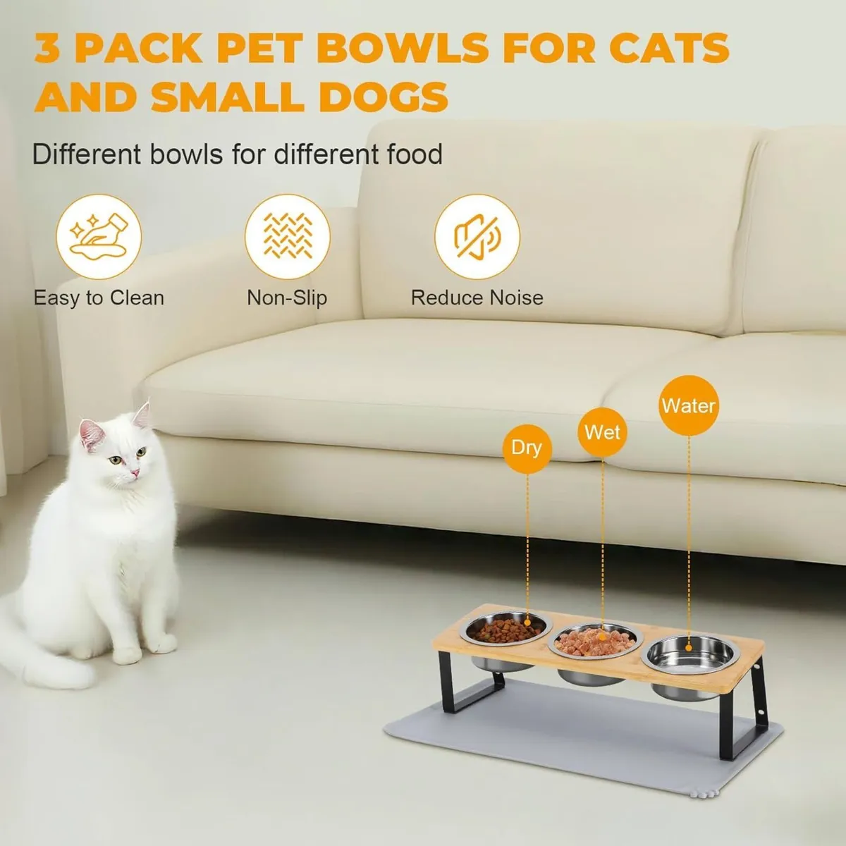 Cat Feeding Bowls w/ Stand Mat 3Pcs 500ml Set - Image 4