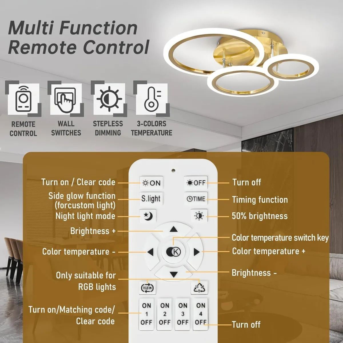 Modern Led Dimmable Ceiling Light 3 Circle Gold - Image 4