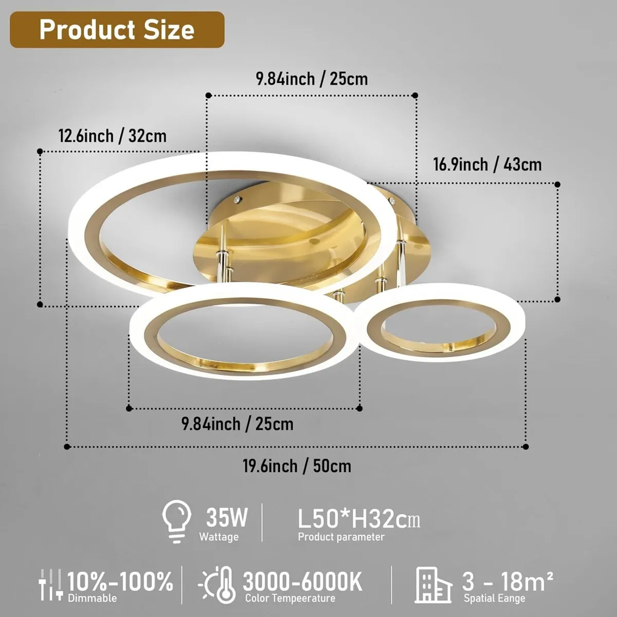 Modern Led Dimmable Ceiling Light 3 Circle Gold - Image 3