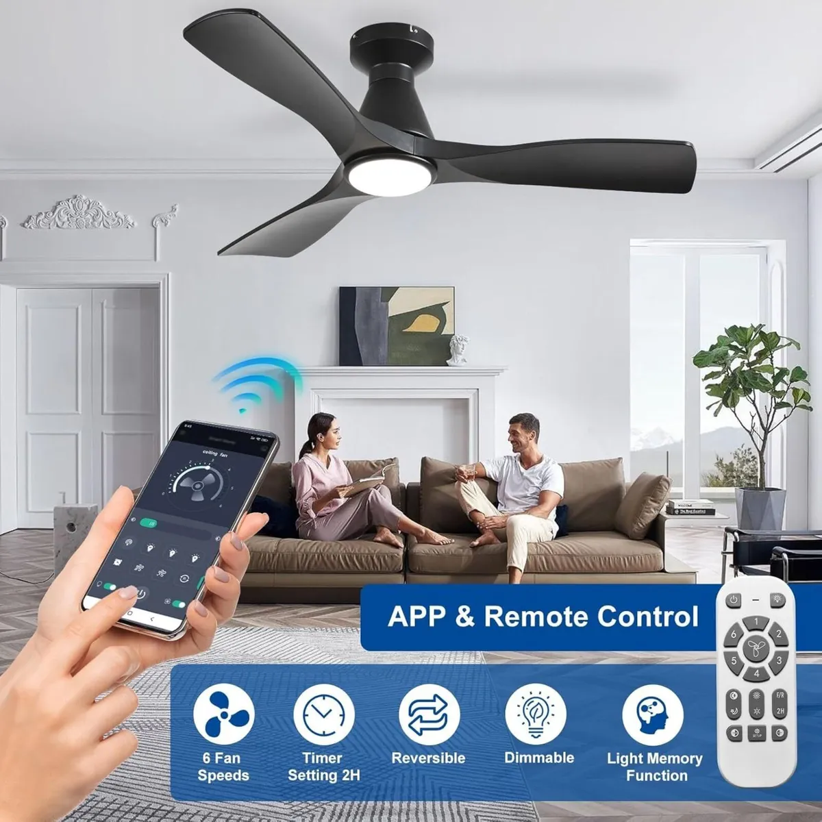 42-Inch Ceiling Fans with Lights: Black 3 Blade - Image 2