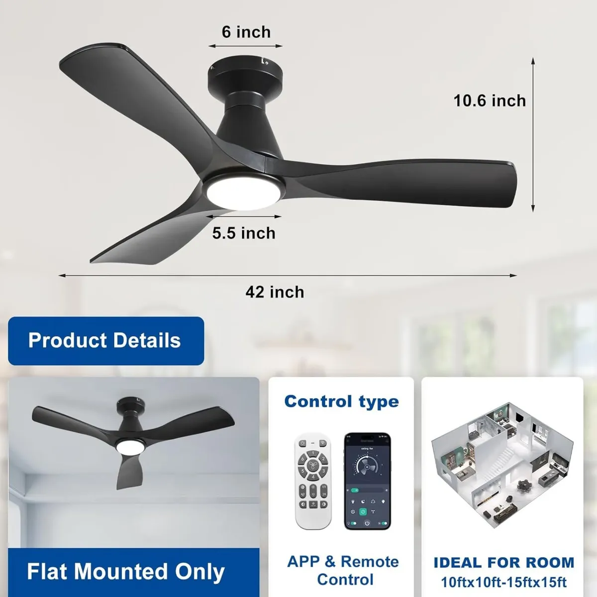 42-Inch Ceiling Fans with Lights: Black 3 Blade - Image 3