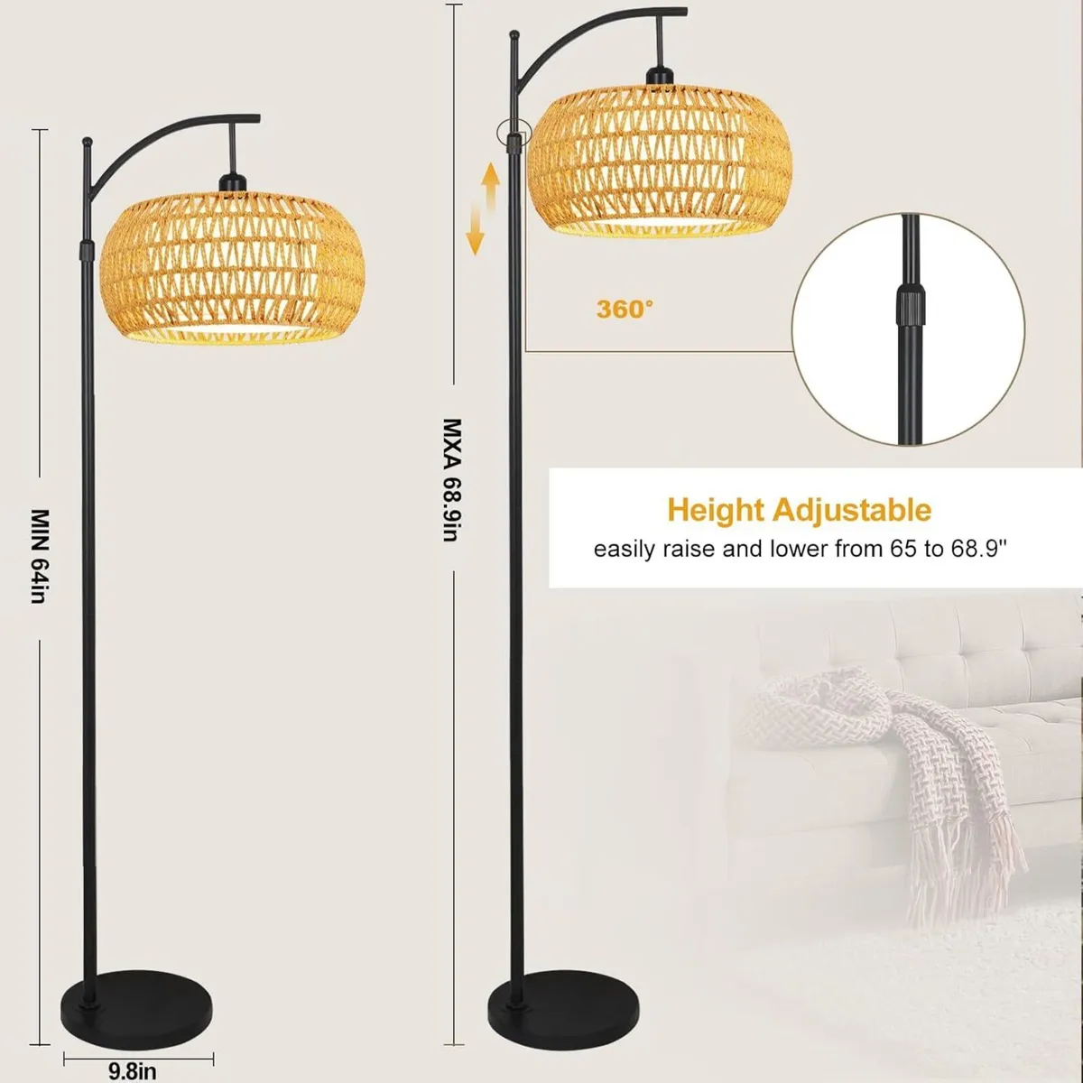 Arc Floor Lamps for Living Room Rattan Boho Lamp - Image 2