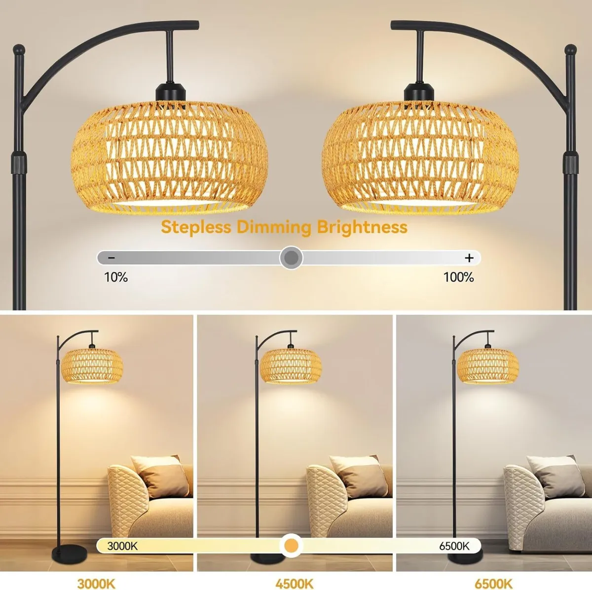 Arc Floor Lamps for Living Room Rattan Boho Lamp - Image 3