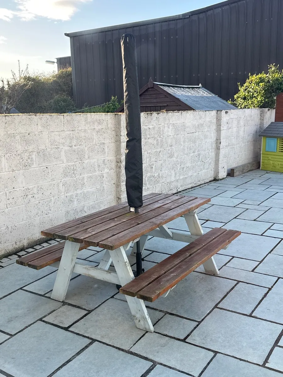 Picnic bench with parasol and parasol base