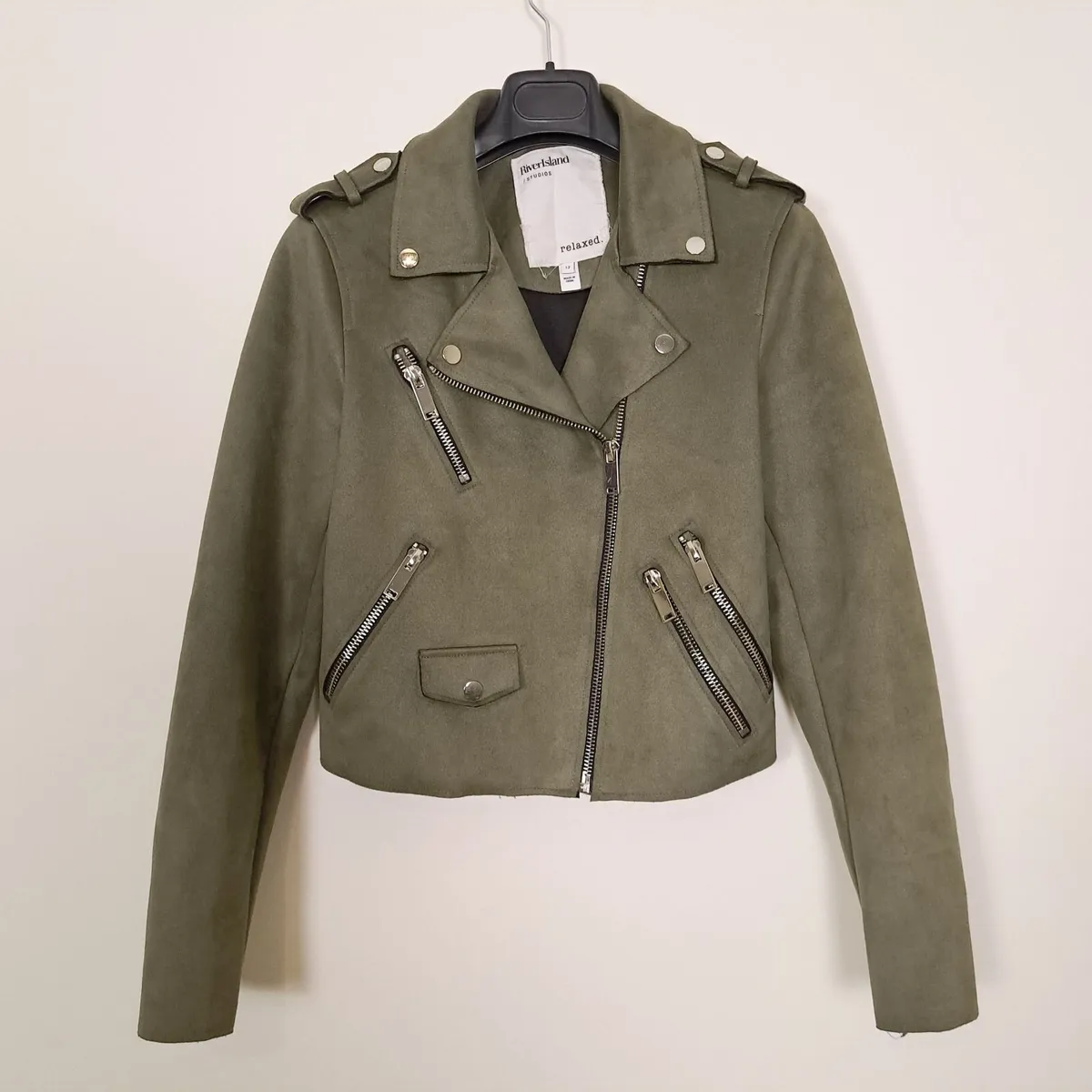River Island Khaki Green Suede Biker Jacket 12UK - Image 1
