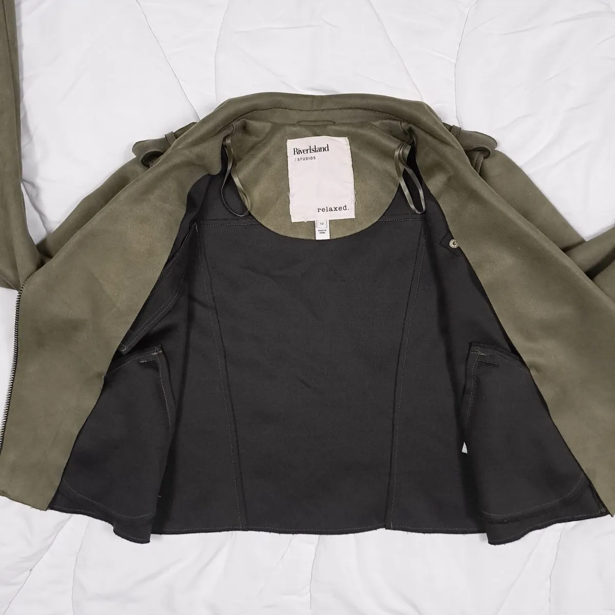 River Island Khaki Green Suede Biker Jacket 12UK - Image 2