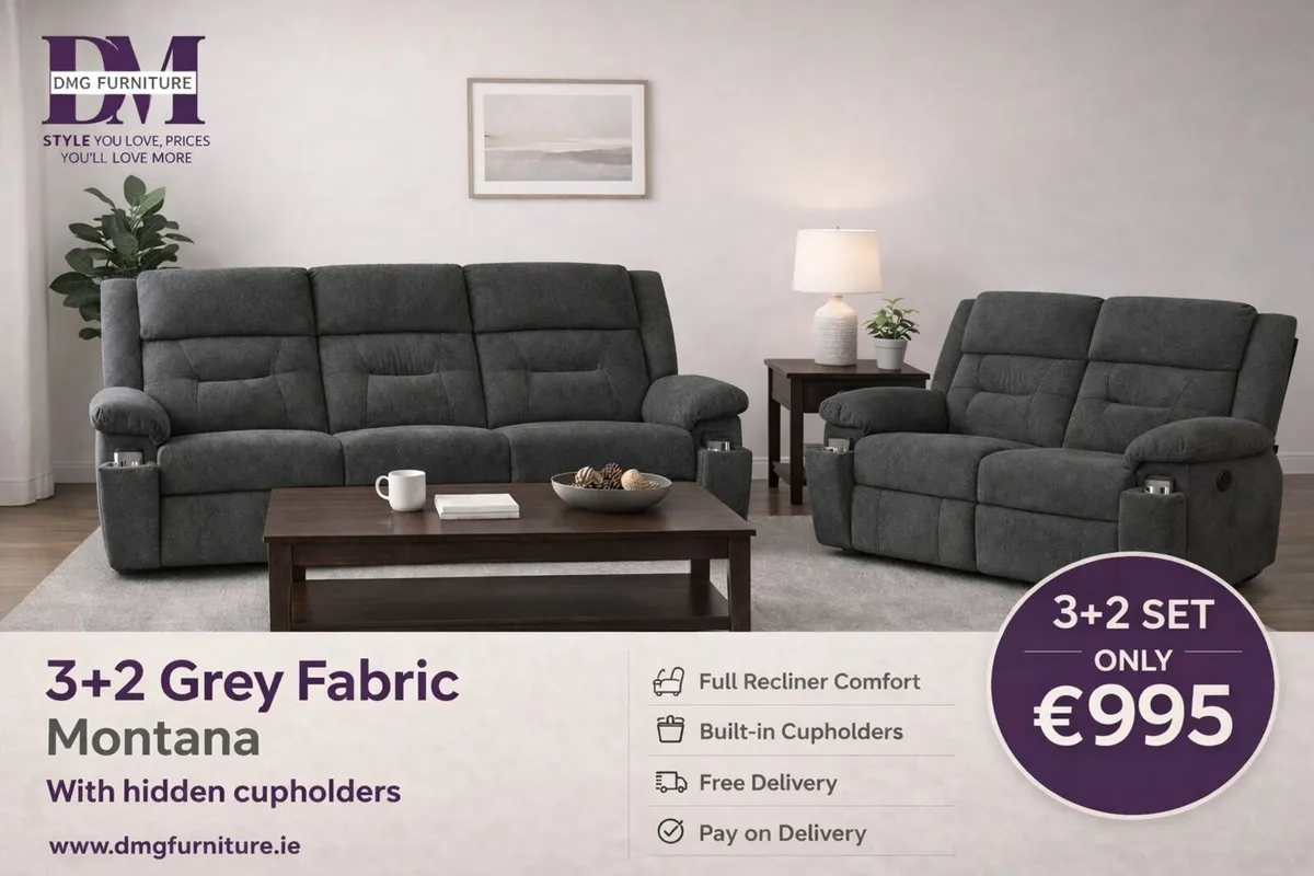 New 3+2 Montana Fabric Recliner Sofa Cupholders - Image 2