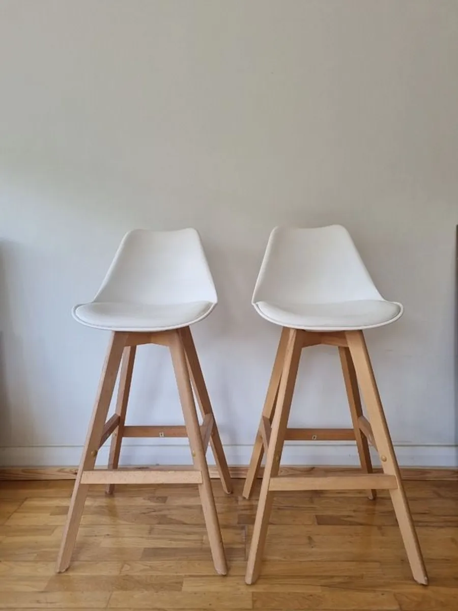 2 Modern White & Wood Kitchen Bar Stools - Image 2